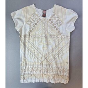 Johnny Was JWLA Linen Mini Dress XL White Embroidered Boho Shift‎ Peasant Summer